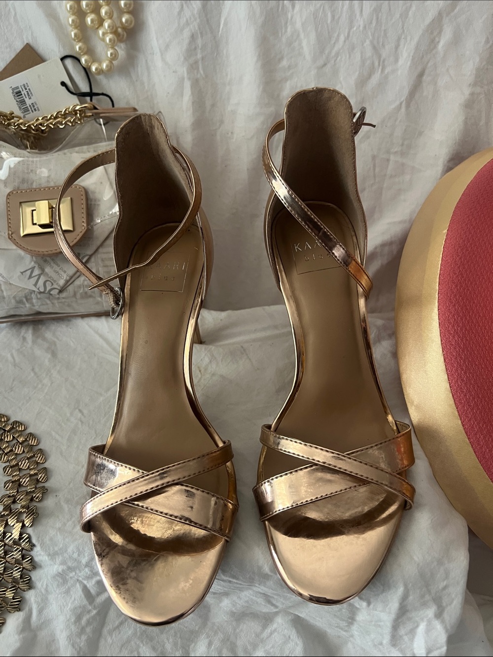 Kaari Blue Metallic Rose Gold Strappy Heeled Sandals